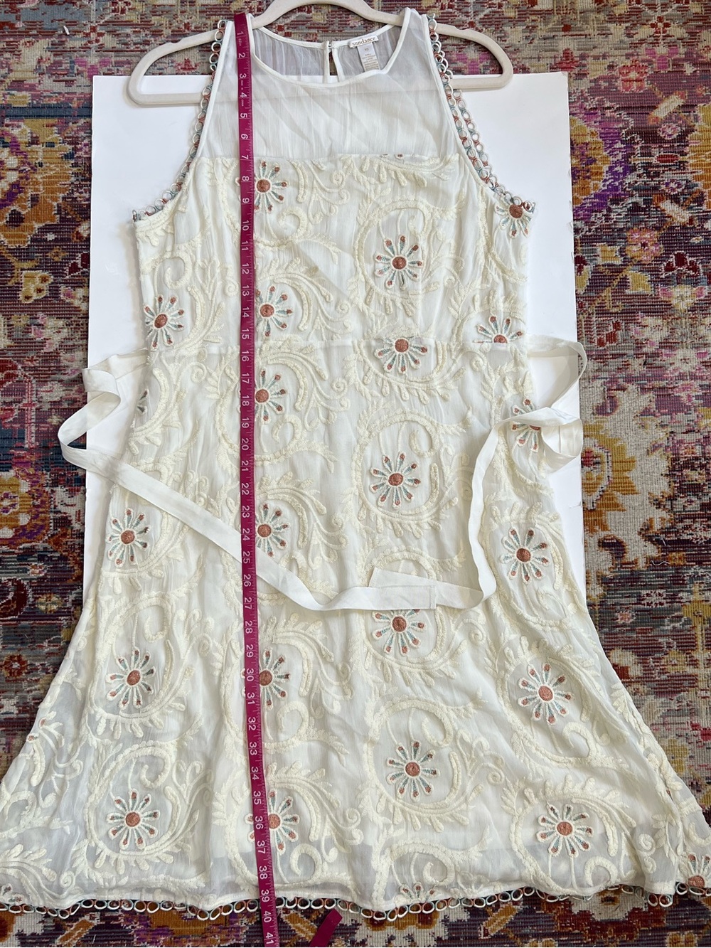 Sundance Cream Embroidered Midi Dress with Ribbon Tie - Picture 16 of 16